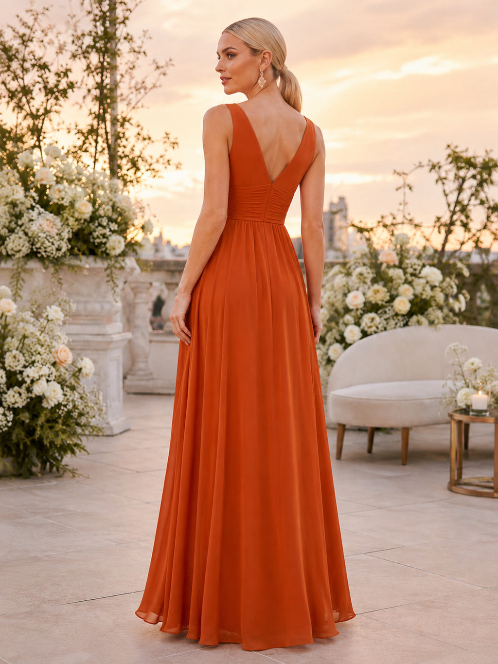 Burnt Orange Sleeveless V Neck Chiffon Floor Guest Dress back view