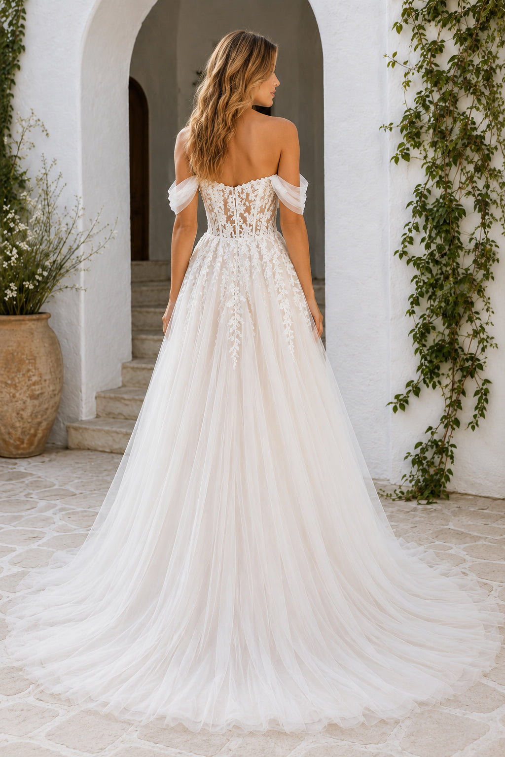 Ivory Off-the-Shoulder Floral Lace A-Line Wedding Dress with Soft Tulle Skirt back view