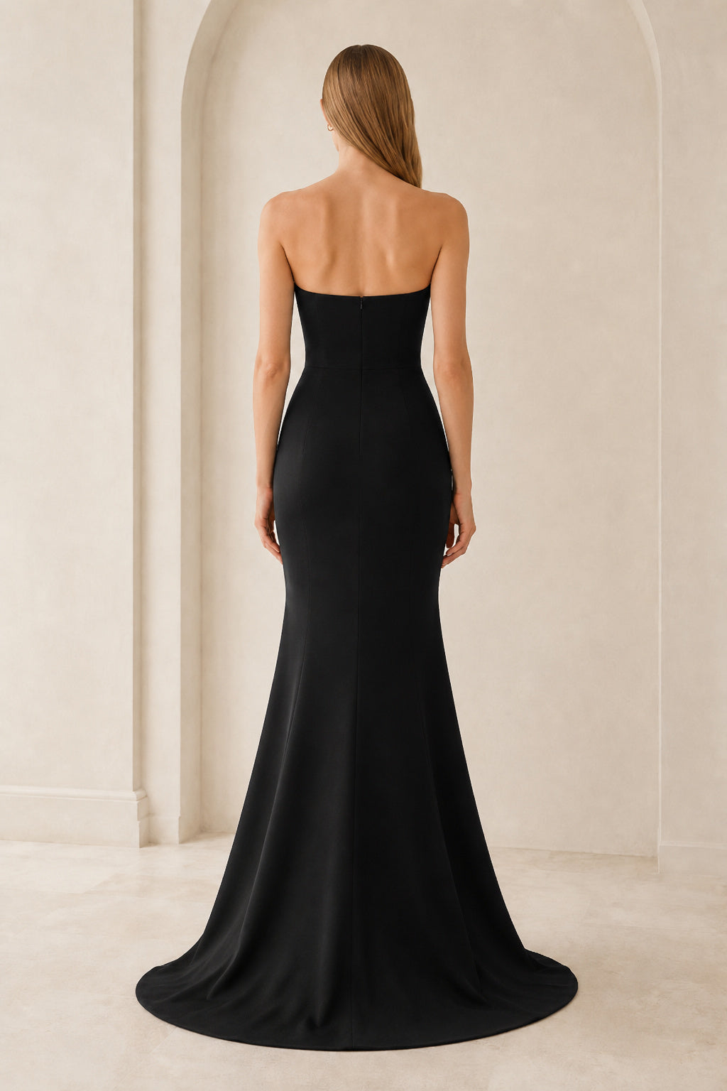 Black Strapless Satin Mermaid Formal Dress with Clean Bodice and Sweep Train back view