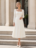 Modest Civil Satin A Line Square Neck Long Sleeve Tea Wedding Dress front view