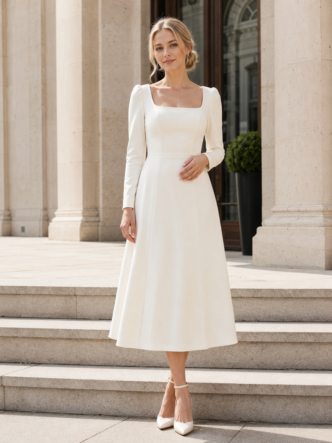 Modest Civil Satin A Line Square Neck Long Sleeve Tea Wedding Dress front view