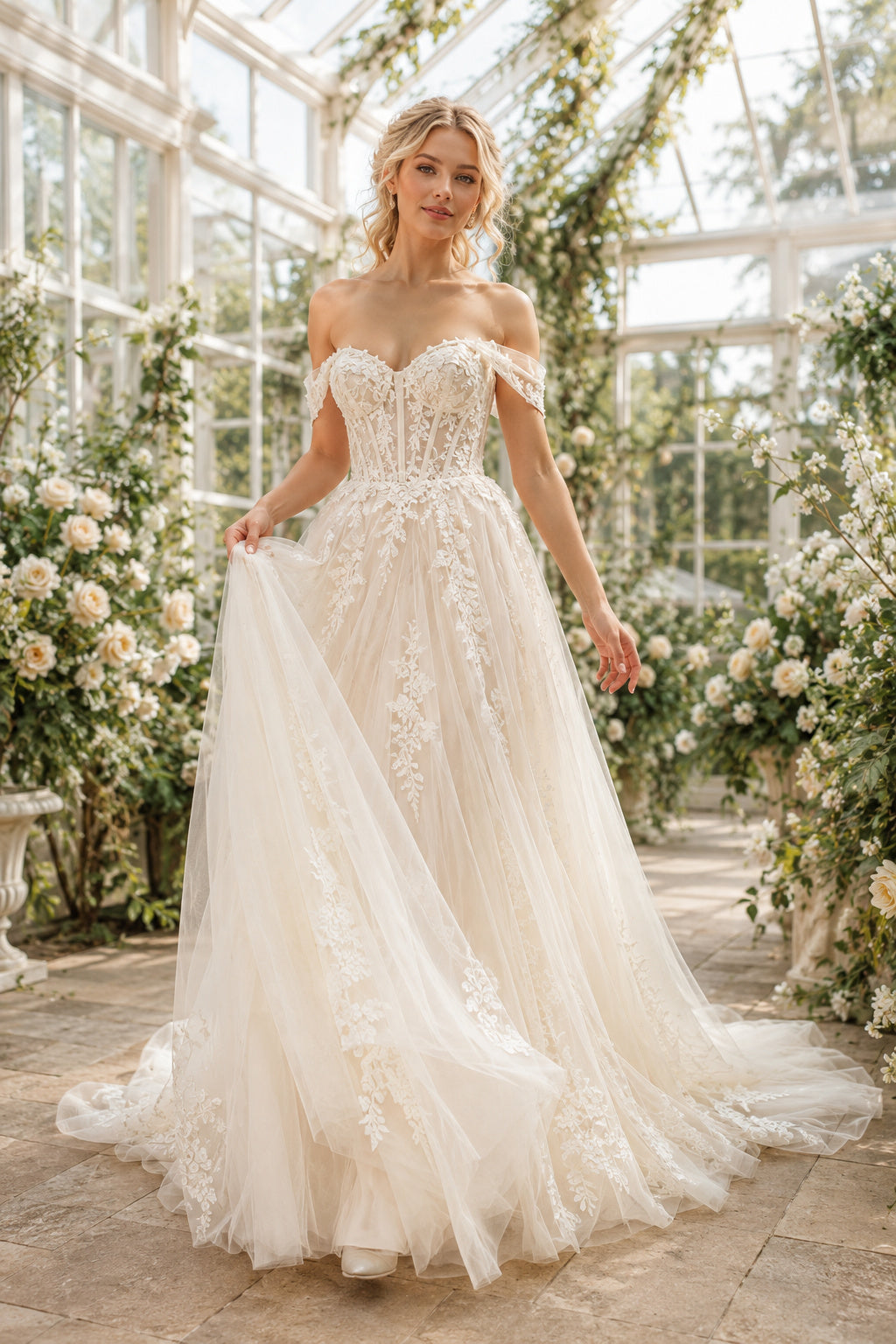 Ivory Off-the-Shoulder Corset A-Line Wedding Dress with Tulle Skirt and Chapel Train front view