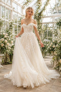 Ivory Off-the-Shoulder Corset A-Line Wedding Dress with Tulle Skirt and Chapel Train front view