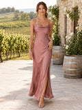 Dusty rose spaghetti strap satin bridesmaid gown with thigh slit front view