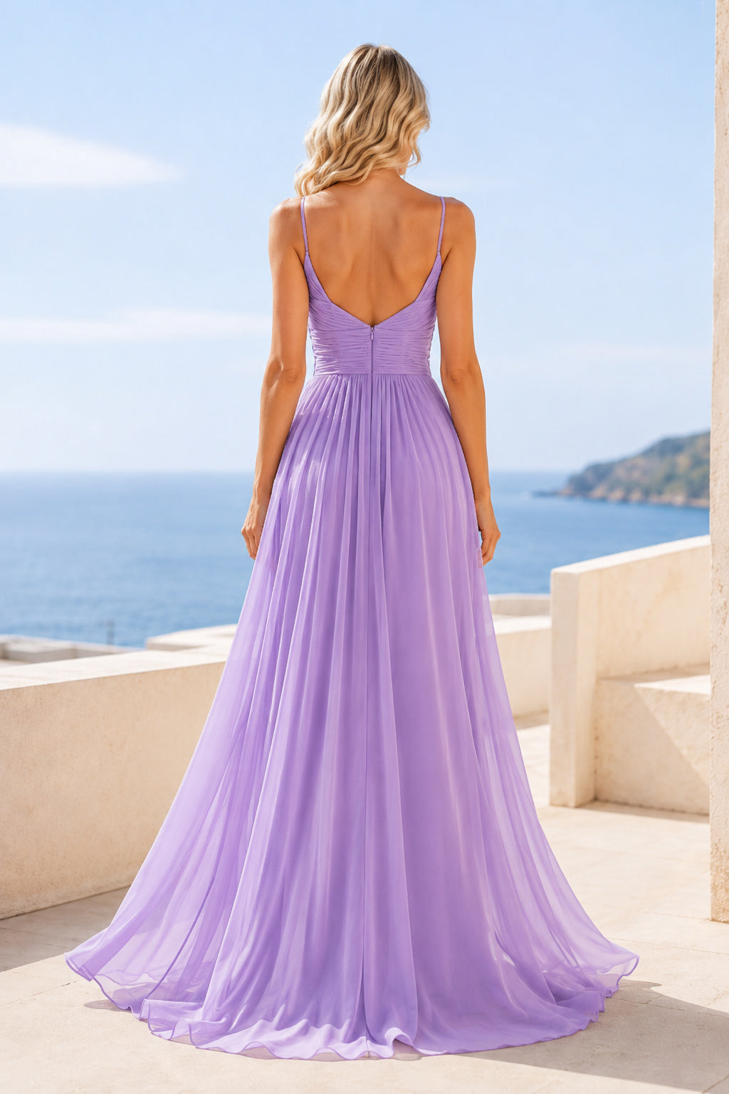 Lavender Spaghetti Strap Chiffon A Line Dress with Ruched V Neck Bodice Floor Length A Line Bridesmaid Dress back view