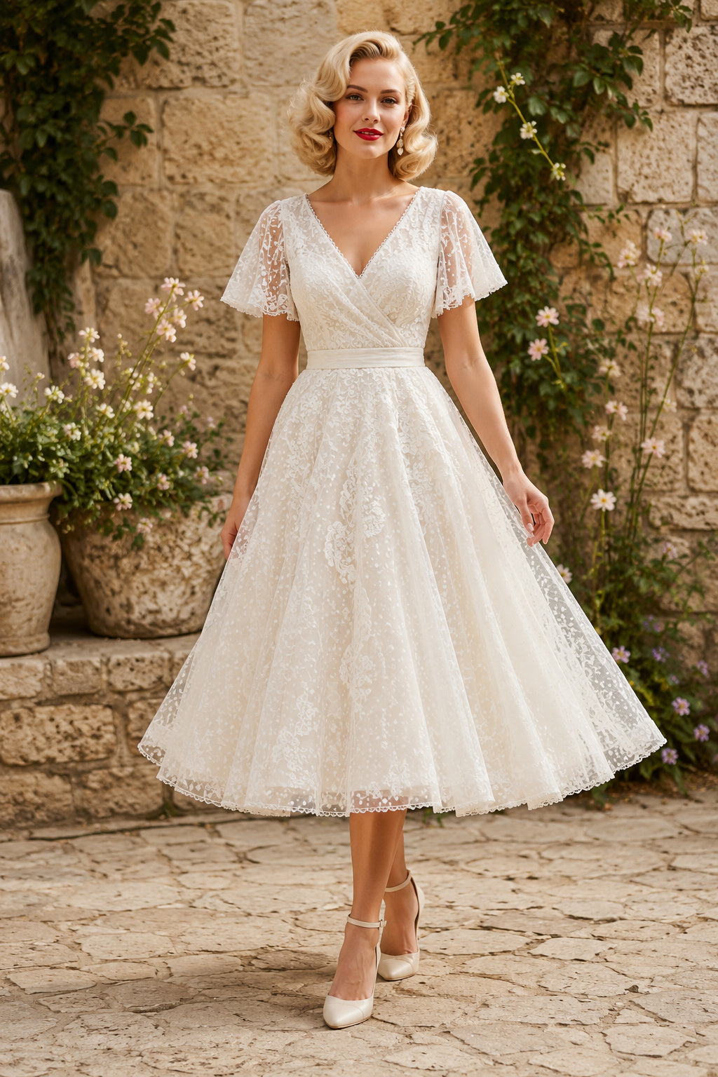 Ivory V-Neck Flutter Sleeve Lace Tulle Tea-Length Wedding Dress with Flutter Lace Sleeves and Vintage Midi Skirt front view