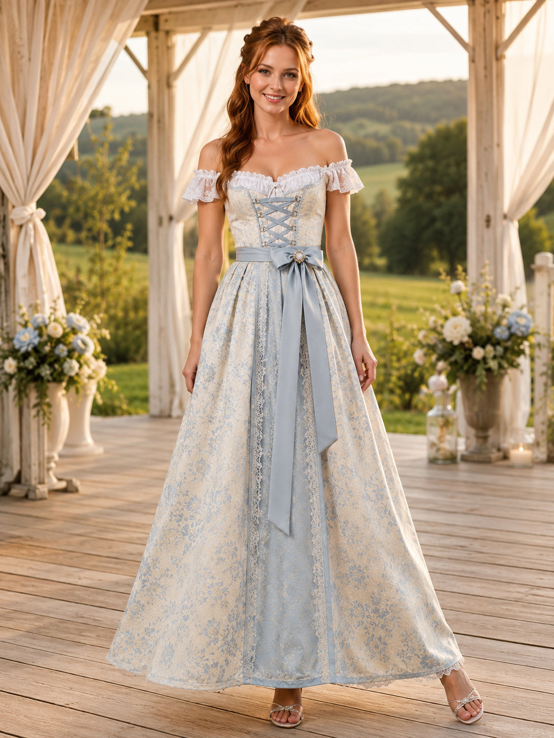 Romantic Sky Blue Print Formal A Line Floor Length Off Shoulder Sash Gown front view