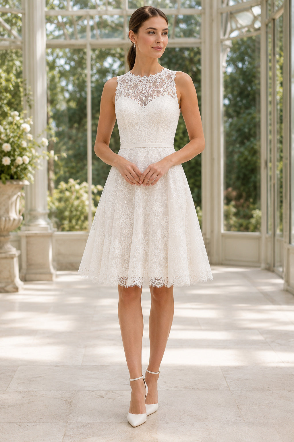 High Neck Lace Knee Length Wedding Dress Style 720176 front view