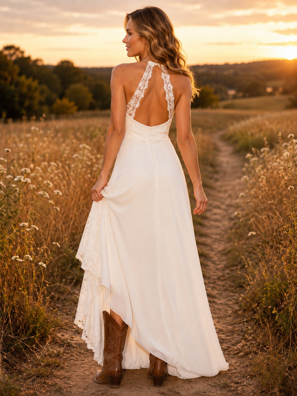 Maternity Wedding Dress Scoop Neck Short Sleeve Simple Chiffon Bridal Gown back view