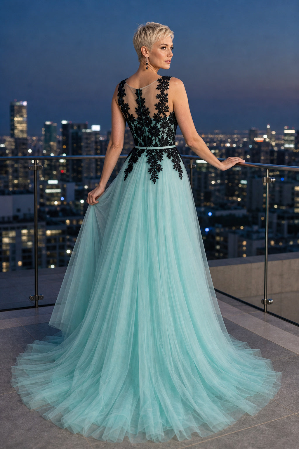 Aqua One-Shoulder A-Line Tulle Floor-Length Dress With Lace Appliques