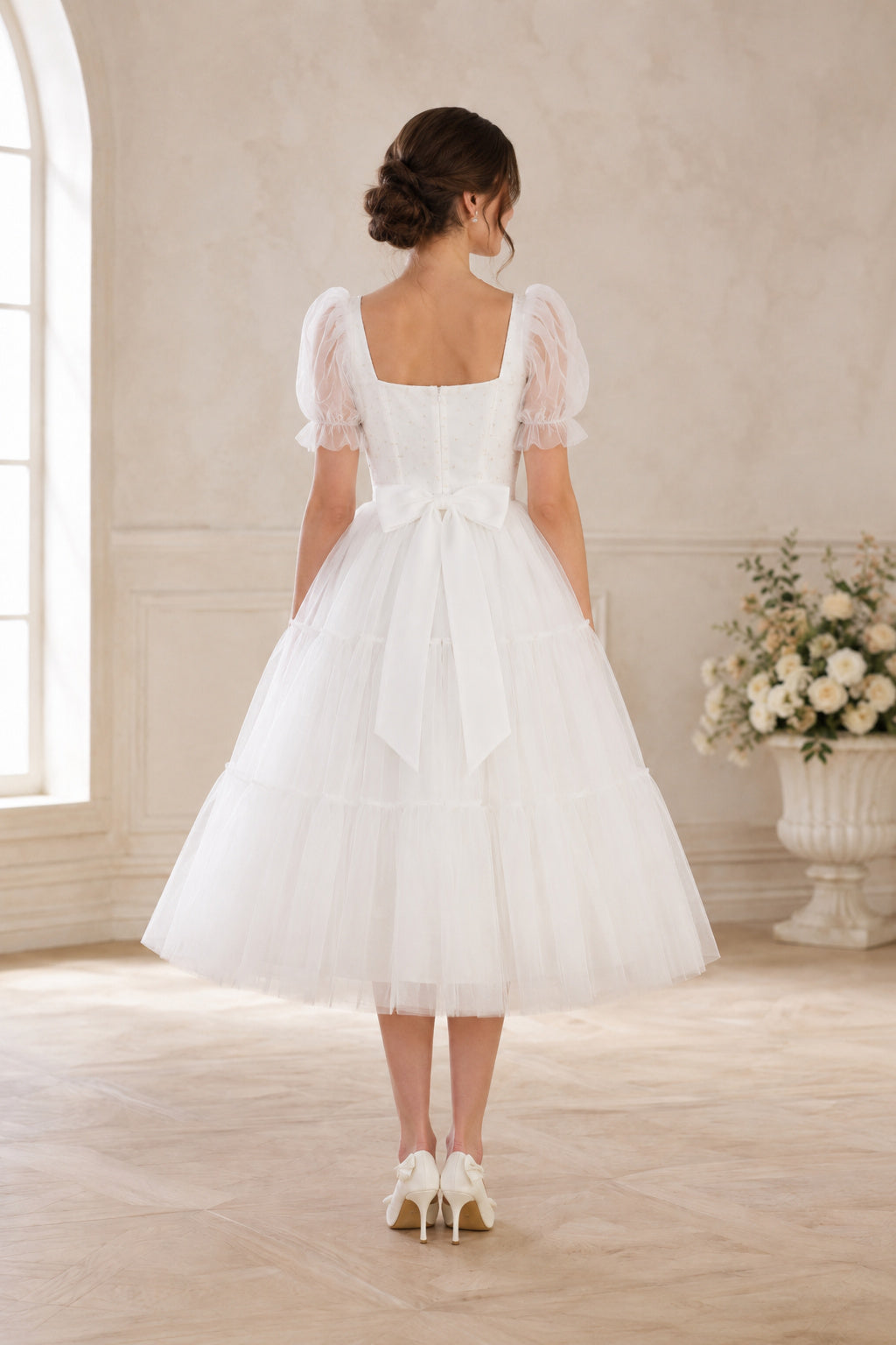 Ivory Square Neck Puff Sleeve Tea-Length Wedding Dress with Bow Back back view