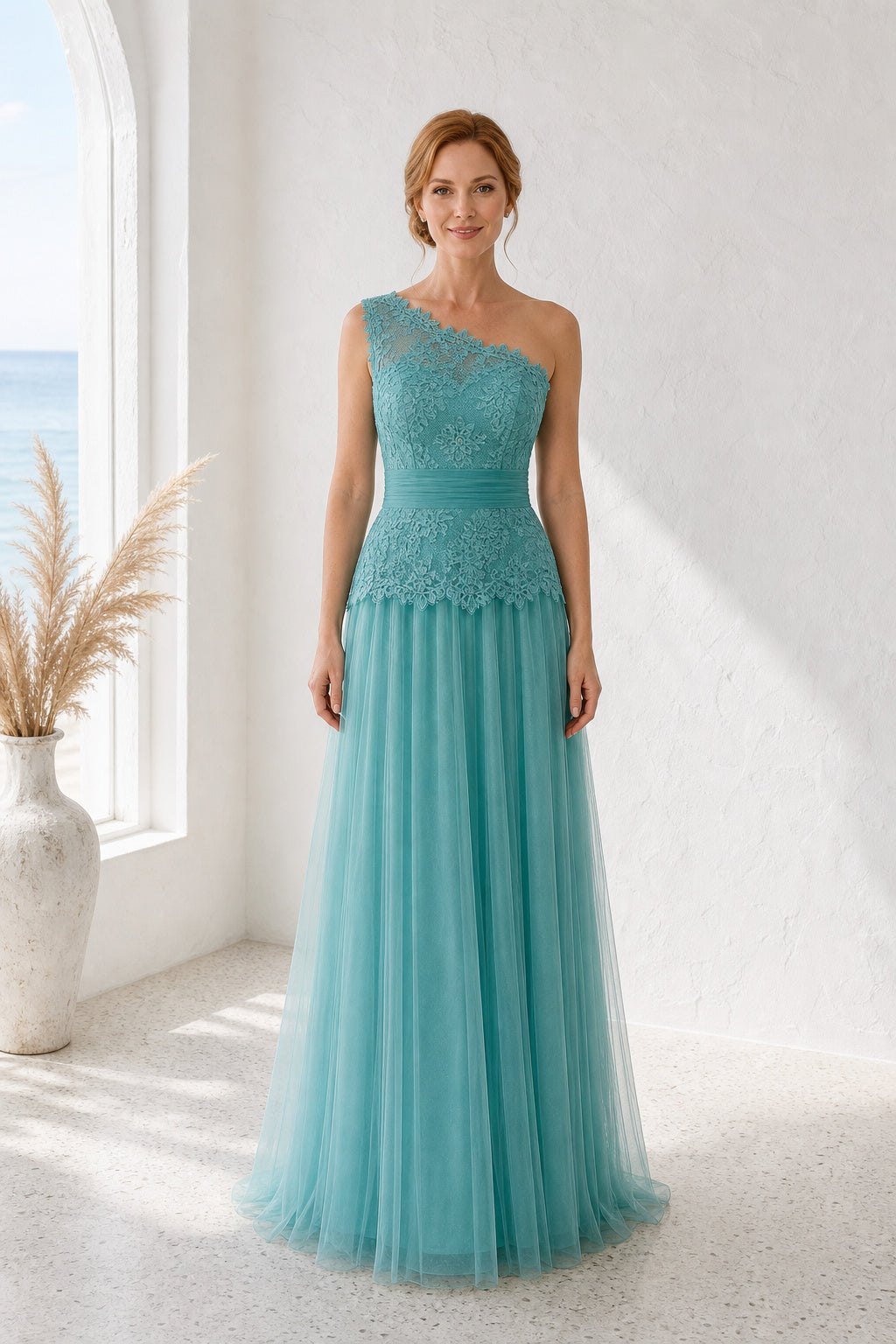 Turquoise One-Shoulder A-Line Tulle Floor-Length Dress With Dropped Waist