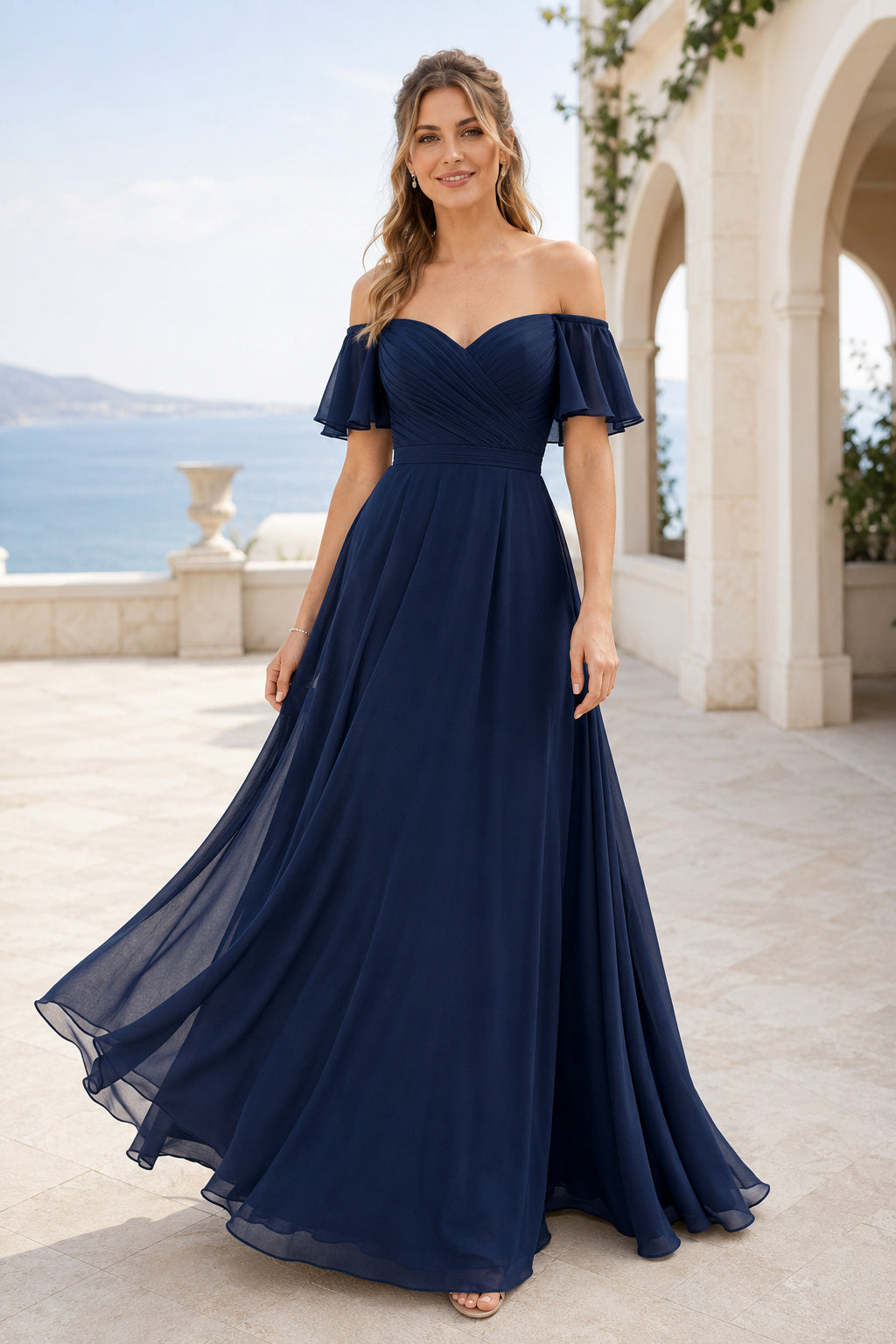 Dark Navy Off-the-Shoulder Flutter Sleeve Chiffon A-Line Bridesmaid Dress front view