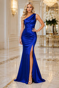 Royal Blue One-Shoulder Satin Sheath Evening Dress with Thigh Slit front view