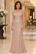 Champagne Cap Sleeve Sheath Mother Dress with Beaded Lace Overlay for Evening Reception front view