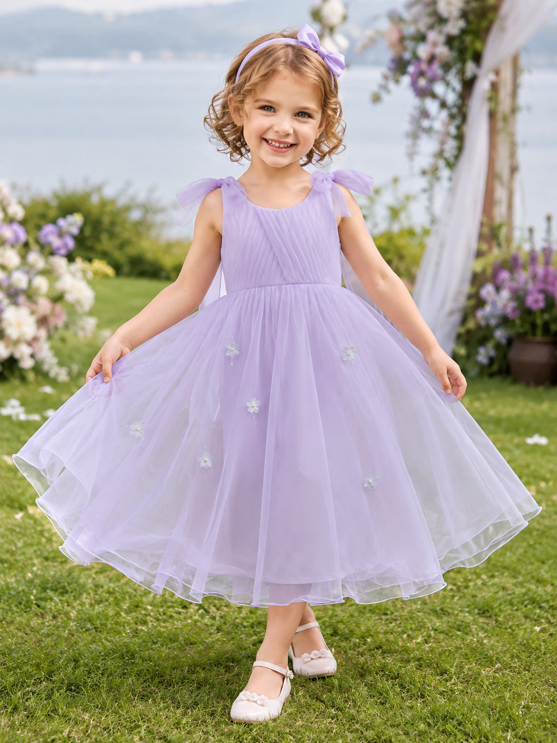 Lavender Pleated Tulle A-Line Flower Girl Dress with Jewel Neck, Sleeveless, and Tea-length Skirt front view