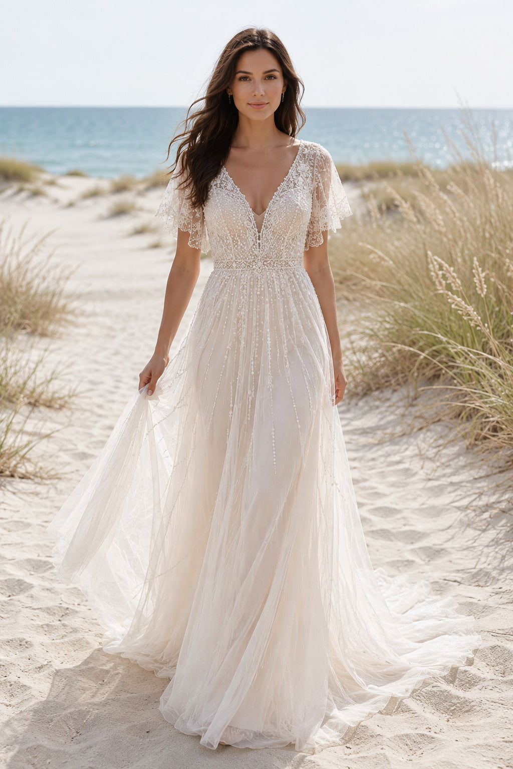 Ivory Short Sleeve Chiffon A-Line Beach Wedding Dress with V-Neck and V-Back front view