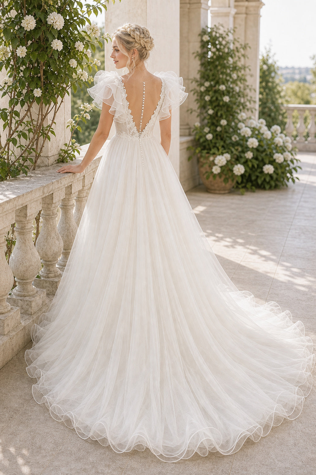 Champagne Illusion A-Line Crepe Floor-length Wedding Dress With Beaded Waist and Floral Appliques