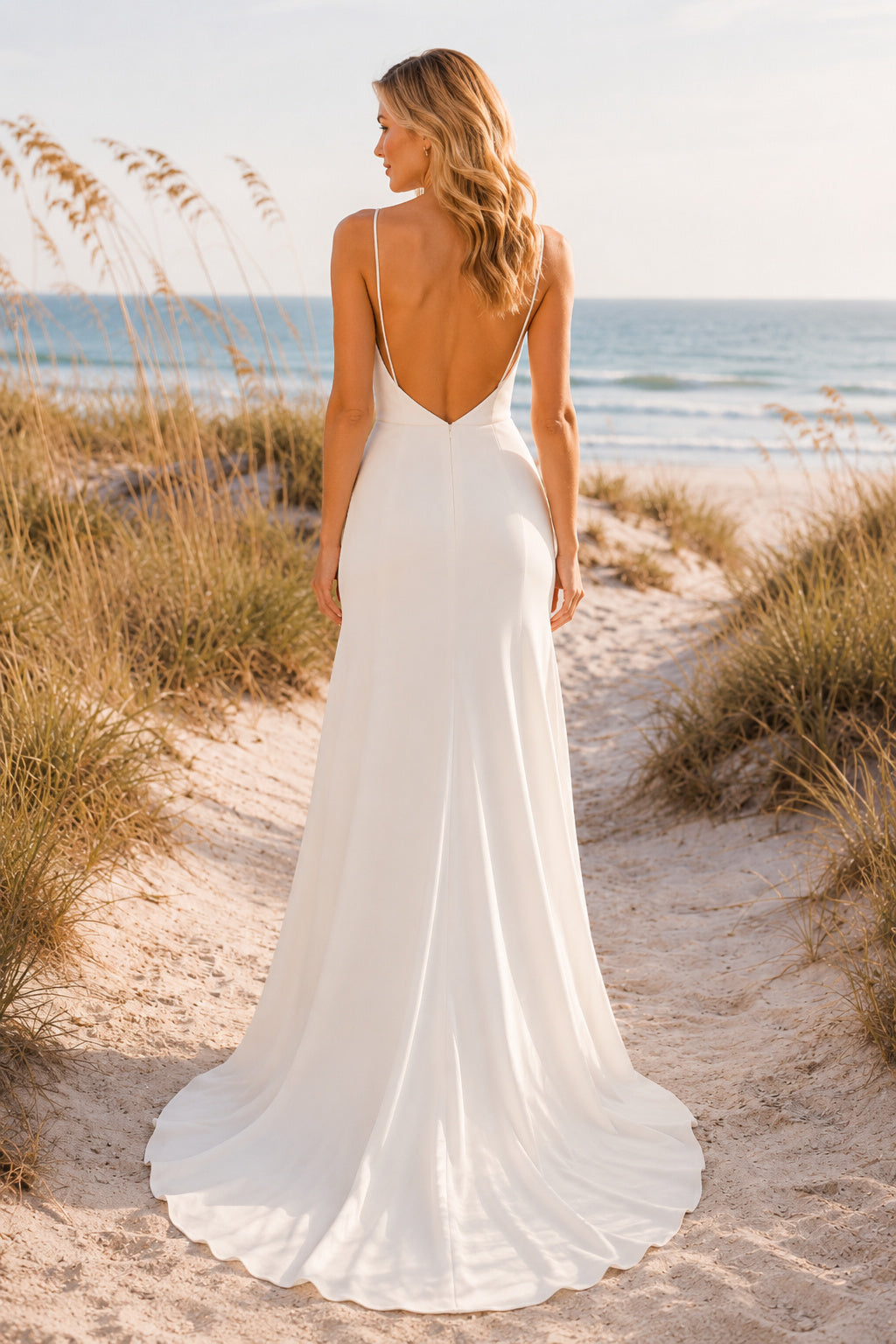 White Plain Spaghetti V-Neck Sheath Wedding Dress Sweep Train for Bridal Ceremony and Reception back view