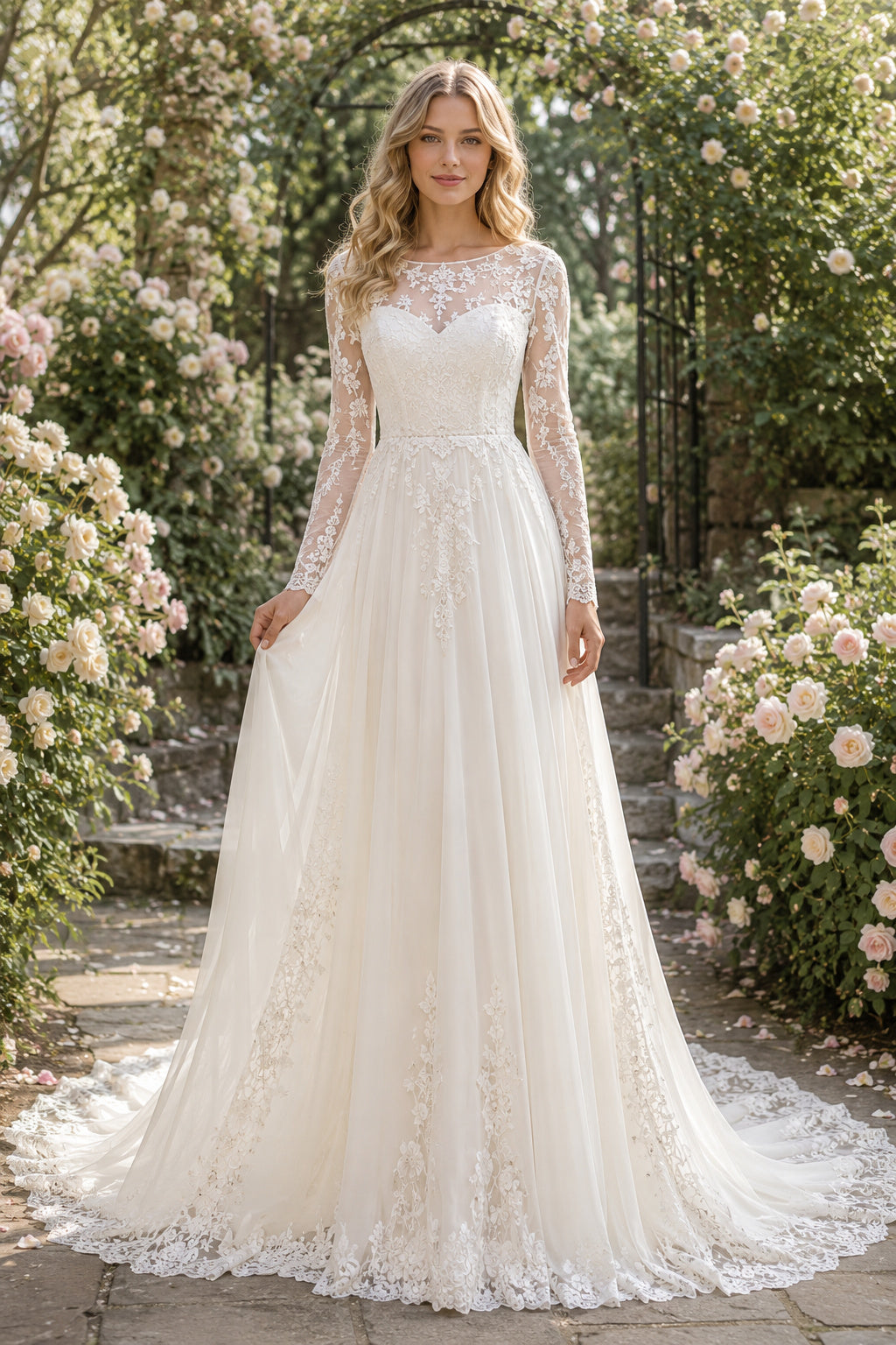 Ivory Romantic High Neck A-Line Lace Tulle Wedding Dress with Long Lace Sleeves and Chapel Train front view