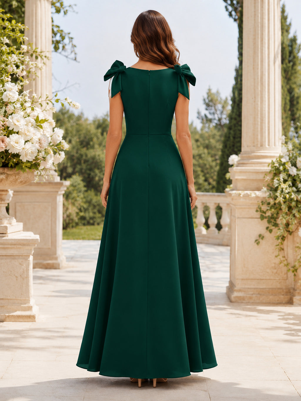 Dark Green Bow Shoulder A-Line Formal Dress back view