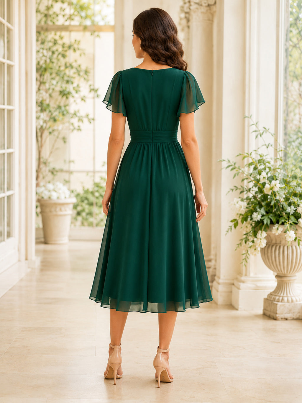 Dark Green Chiffon V-neck Flutter Cocktail Dress back view