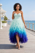 Blue Strapless Sweetheart High-Low Tulle Dress With Ombre Ruffle Skirt
