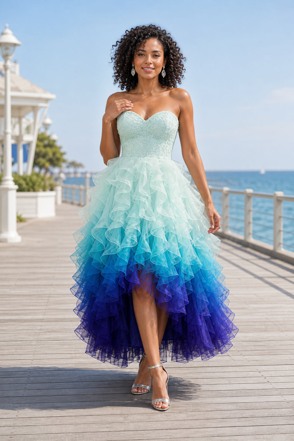 Blue Strapless Sweetheart High-Low Tulle Dress With Ombre Ruffle Skirt