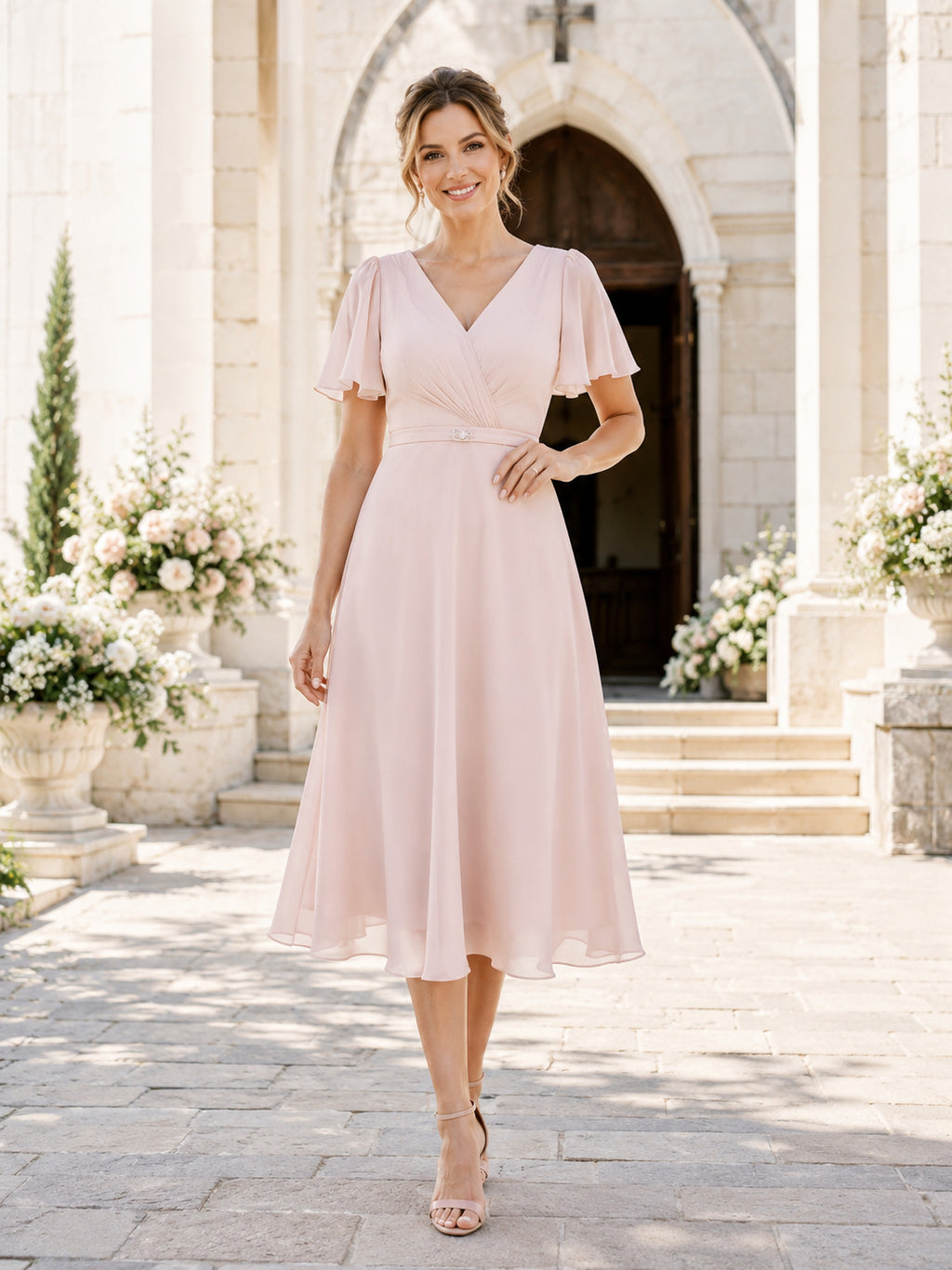 Blush Wrap V-Neck Flutter Sleeve Chiffon A-Line Tea Length Christening Mother Dress front view