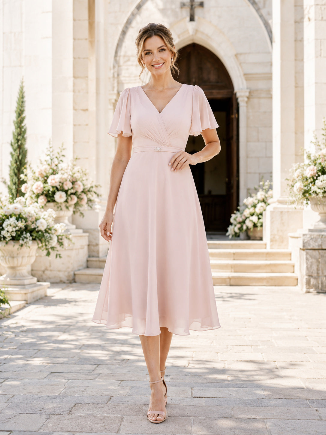Blush Wrap V-Neck Flutter Sleeve Chiffon A-Line Tea Length Christening Mother Dress front view