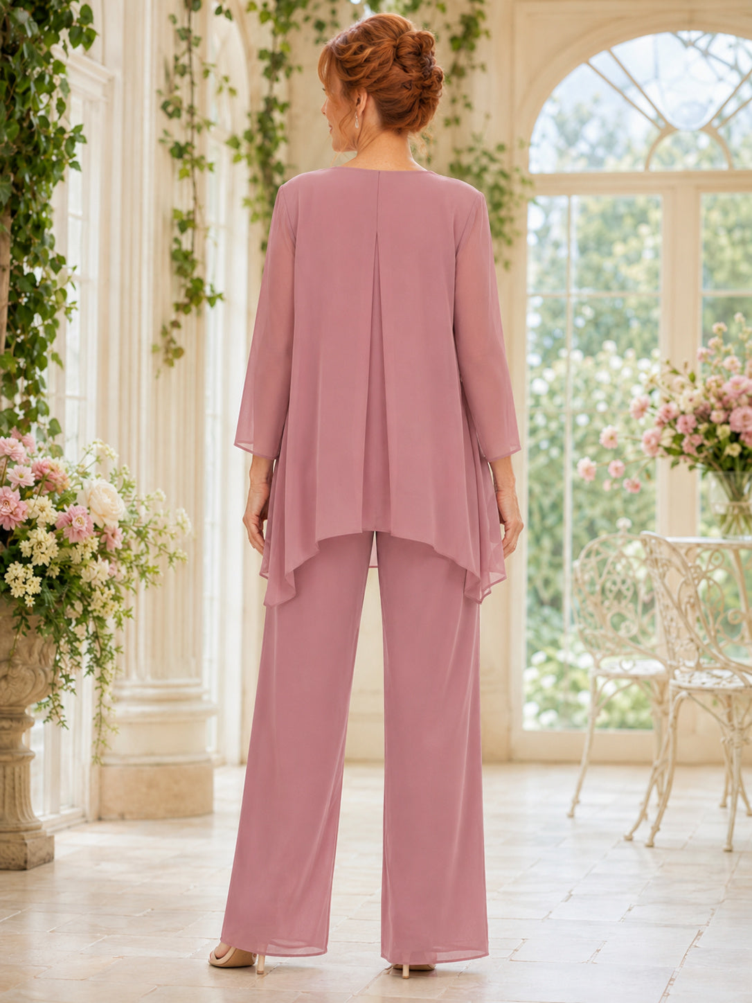 Mother Dusty Rose Chiffon Pantsuit with Jewel Neck Cape Overlay and Wide Leg Pants back view