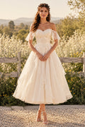 Ivory Off-the-Shoulder Sweetheart Flutter Sleeve Lace Tulle Tea-Length Wedding Dress with Flutter Sleeves and Soft Tulle Skir