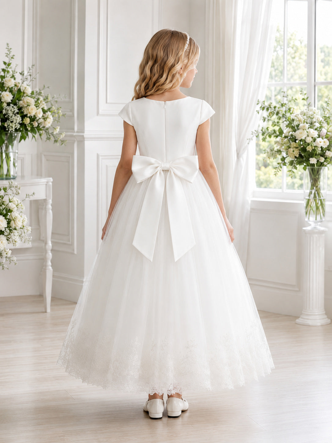 Flower Girl Dress A-Line White First Communion Tulle Short Sleeve Bow back view