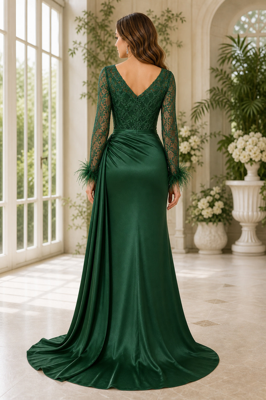 Emerald V-neck Long Sleeve Sheath Satin Floor-Length Dress With Side Drape