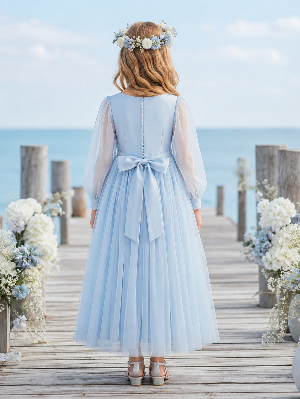 A-Line Sky Blue Tulle Flower Girl Dress with Long Sleeve Jewel Neckline Tea-length and Delicate Floral Detail back view