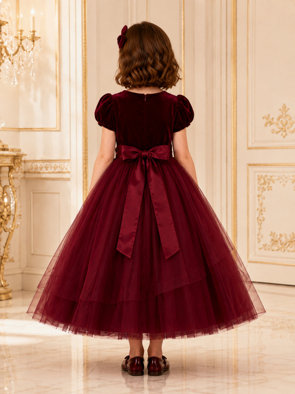 Flower Girl Dress A-Line Burgundy Custom Size Velvet Tulle Puff Sleeve Bow back view