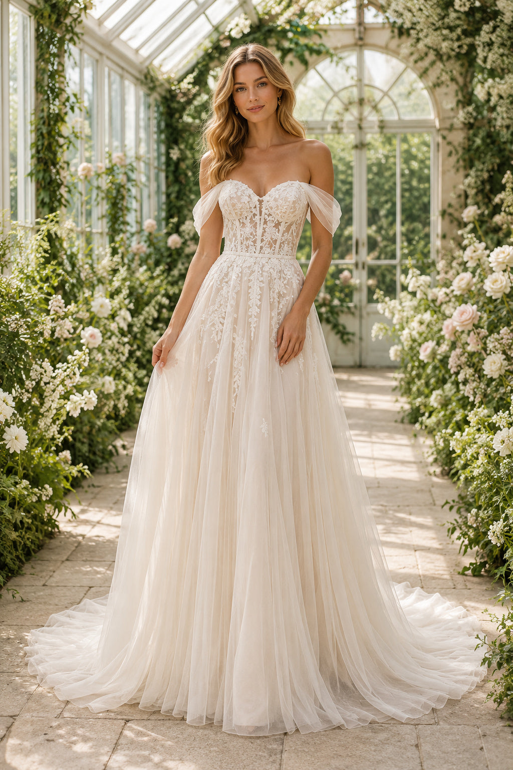 Ivory Off-the-Shoulder Tulle A-Line Wedding Dress with Lace Bodice and Sweep Train front view