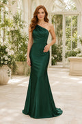 Dark Green One-Shoulder Stretch Satin Mermaid Formal Dress with Ruching and Floor Length Skirt front view
