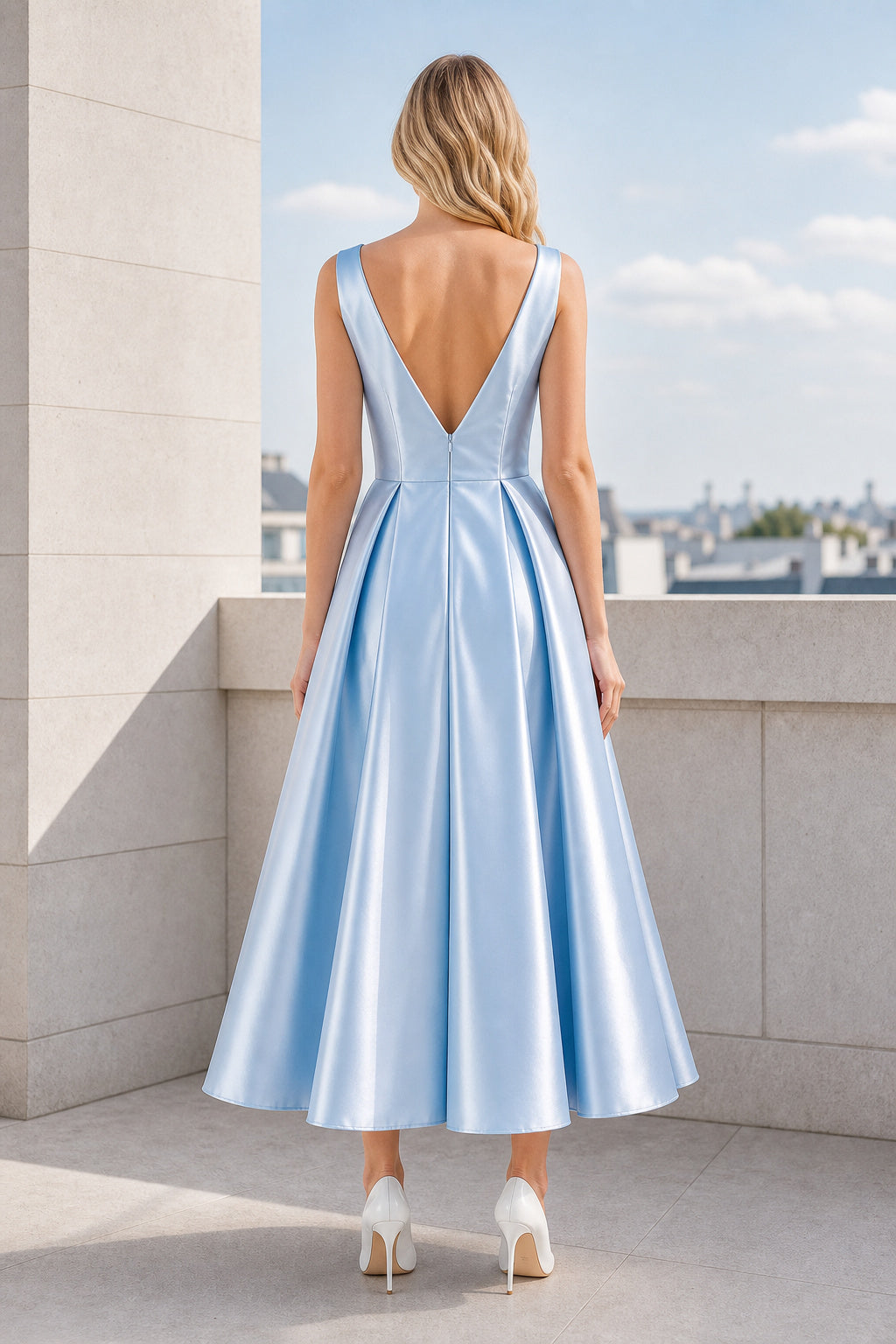 V-neck Sleeveless A-Line Satin Tea-Length Dress With Pleated Skirt