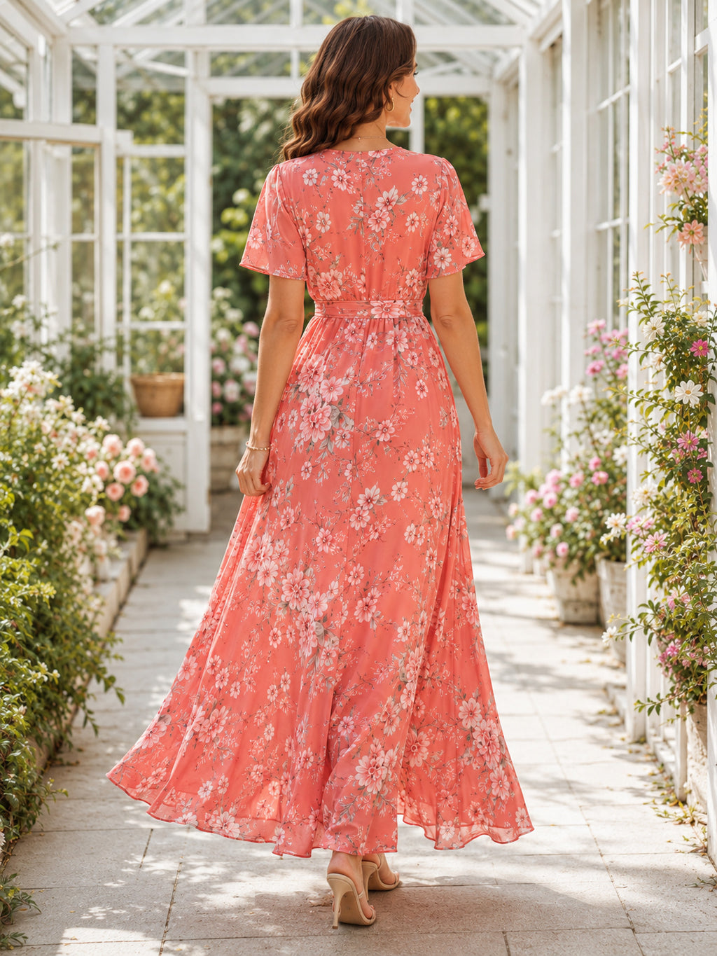 Coral Floral Maternity V-Neck Ruffle Sleeve Chiffon A-Line Ankle-Length Dress back view