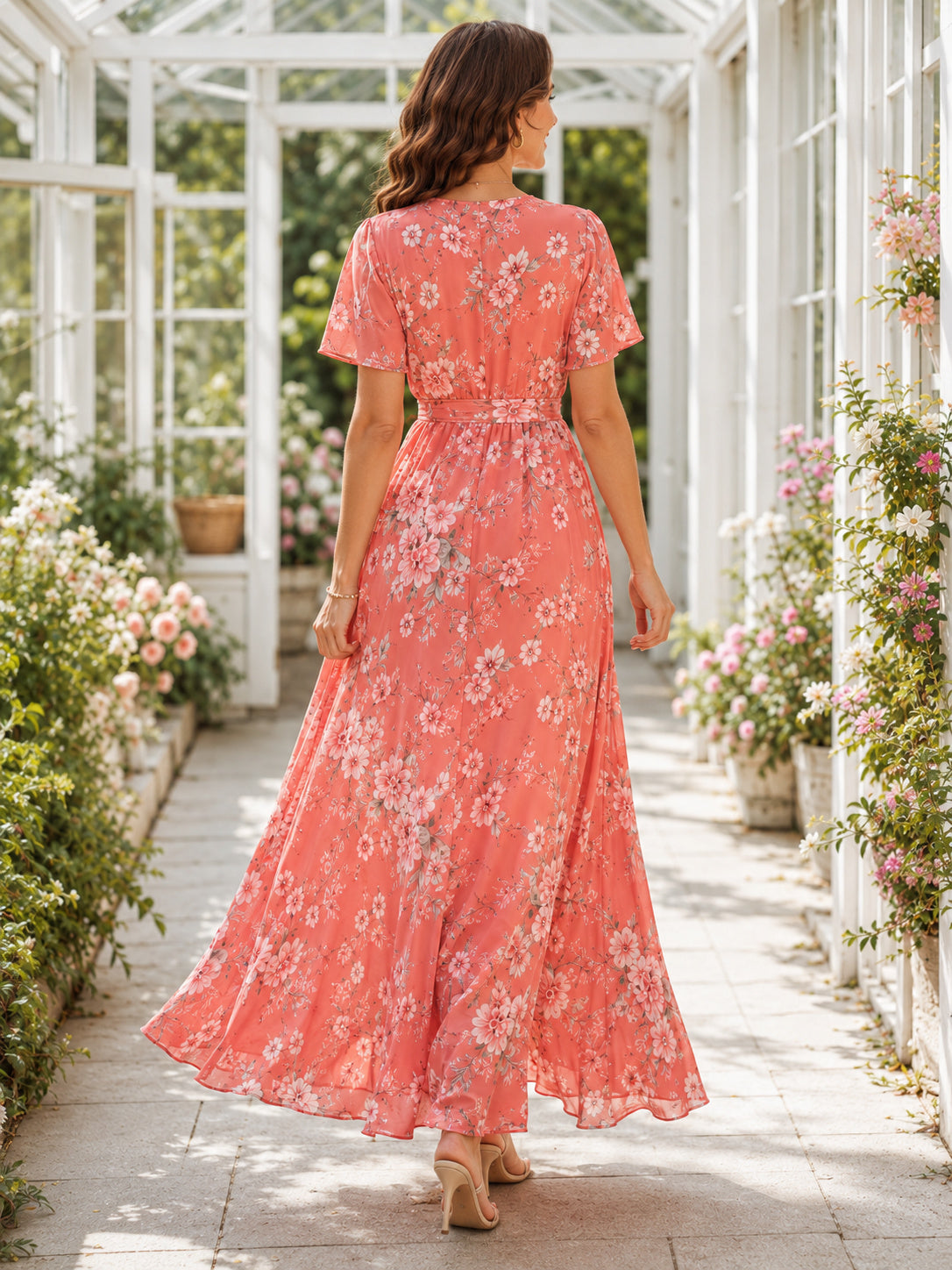 Coral Floral Maternity V-Neck Ruffle Sleeve Chiffon A-Line Ankle-Length Dress back view