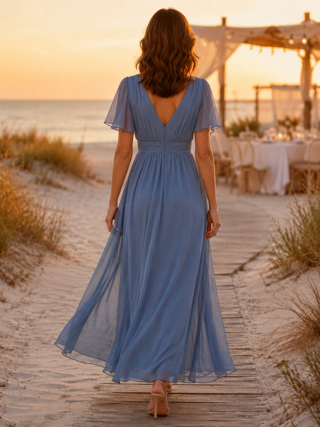 Dusty blue flutter sleeve V-neck chiffon beach maxi dress back view
