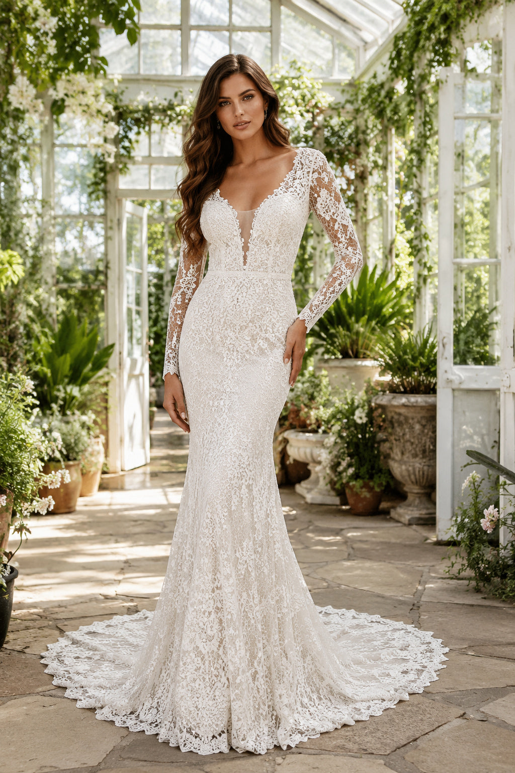 Ivory Sexy V-Neck Mermaid Allover Lace Wedding Dress with One Long Lace Sleeve and Sweep Train front view