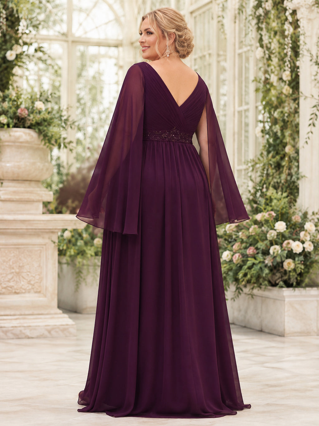 Plum V Neck Beaded Waist Chiffon Cape Floor Plus Size Guest Gown back view