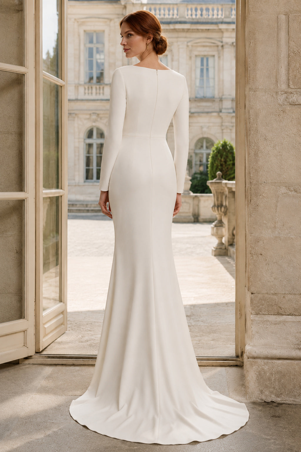 Ivory Long Sleeve Minimalist Mermaid Wedding Dress with Bateau Neck back view
