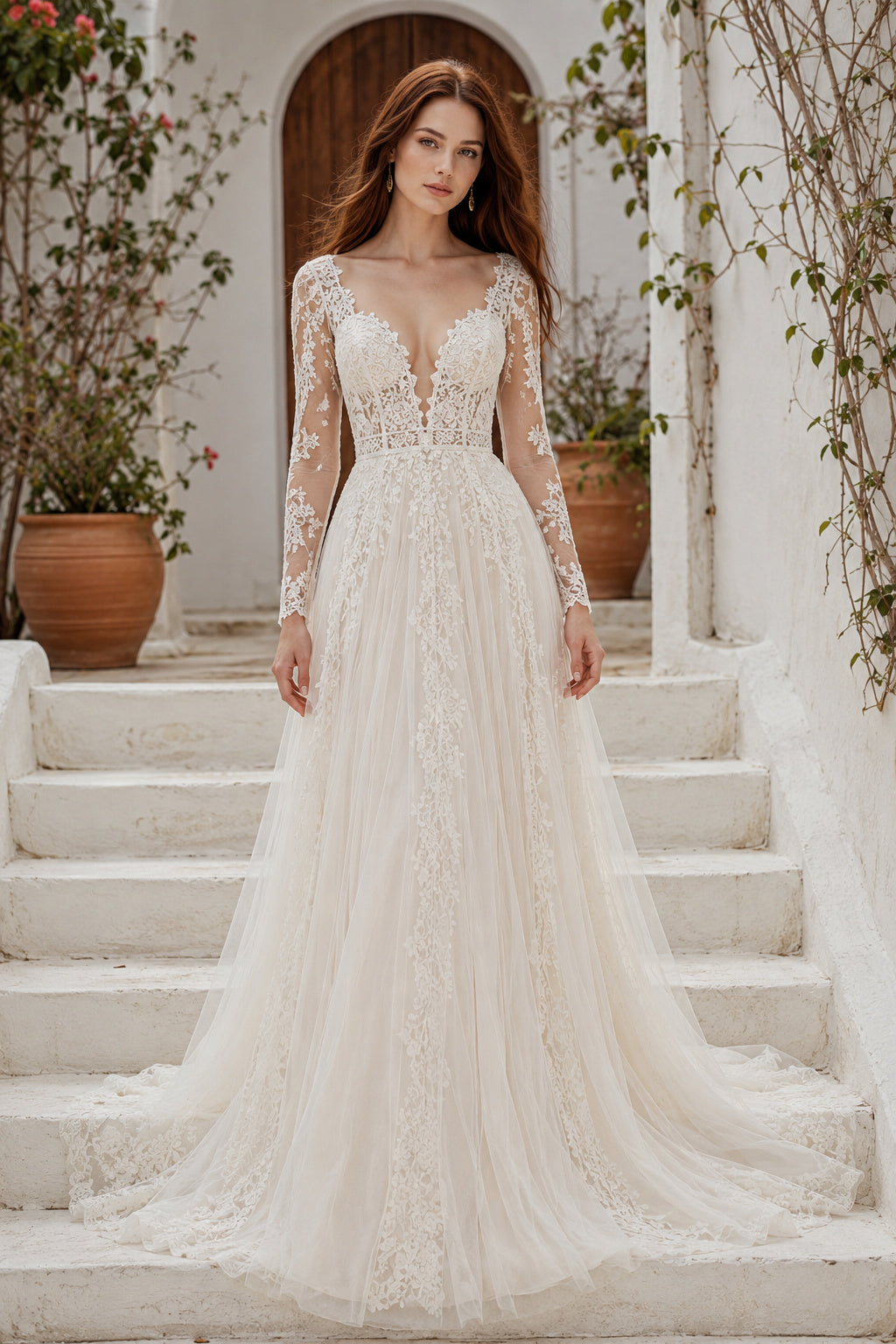 Ivory Romantic High Neck A-Line Soft Tulle Wedding Dress with Long Lace Sleeves and Chapel Train front view