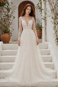 Ivory Romantic High Neck A-Line Soft Tulle Wedding Dress with Long Lace Sleeves and Chapel Train front view