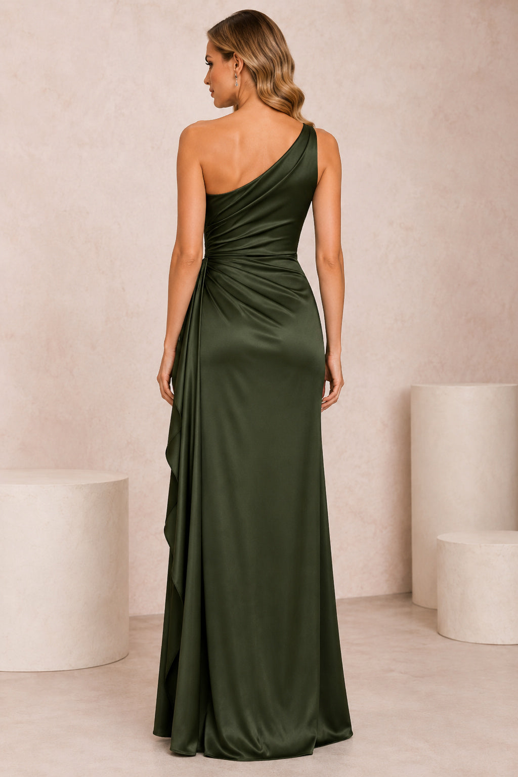 Dark Green One-Shoulder Satin Sheath Formal Dress with Side Draping and Floor Skirt back view