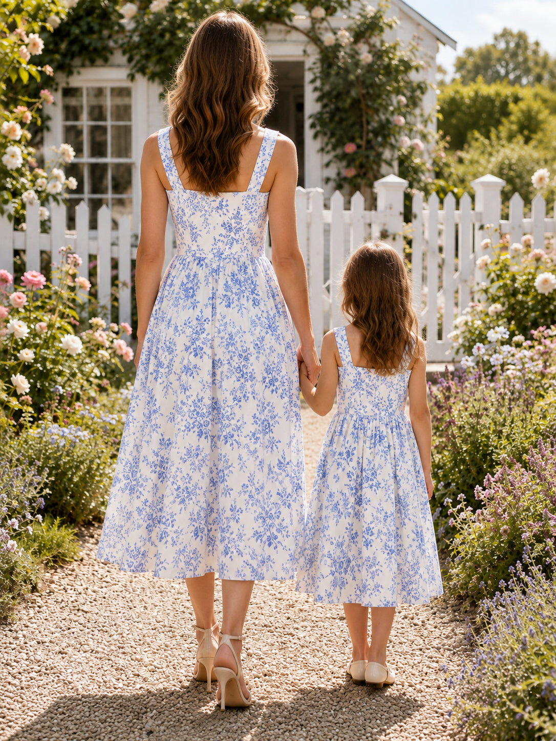 Blue Floral Square Neck Sleeveless Family Garden Midi Dress back view