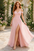 Blushing Pink Off the Shoulder Chiffon A Line Dress with Side Slit Floor Length And Sweep/Brush Train A Line Bridesmaid Dress